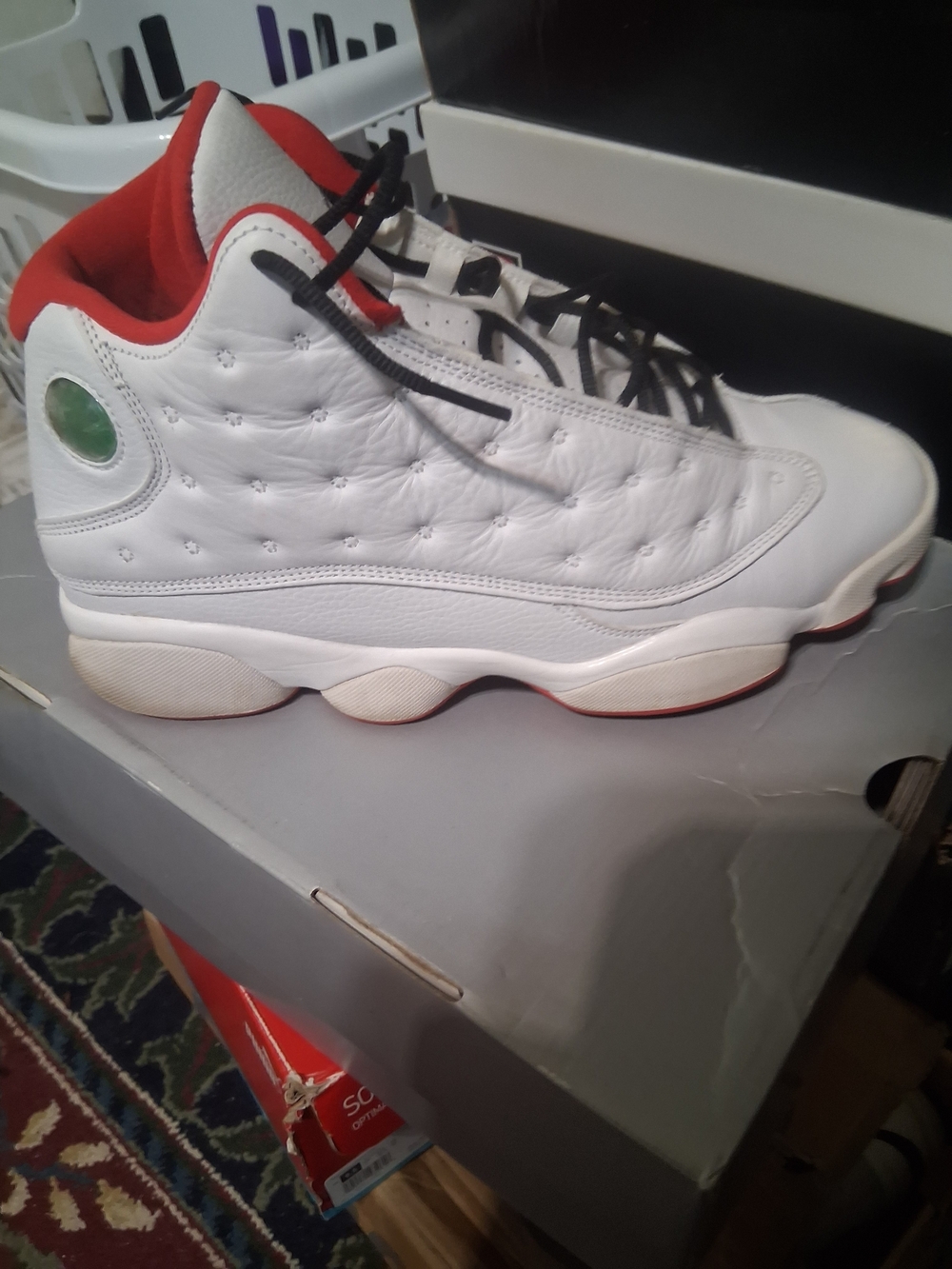 Jordan Men’s White Red Black Leather Basketball Shoes with Green Hologram